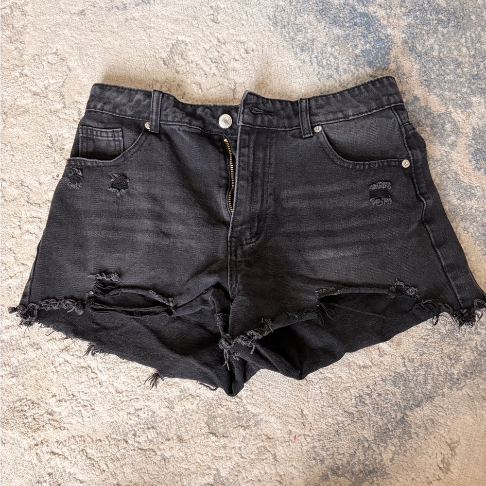 Black Distressed High-Rise Women's Denim Shorts